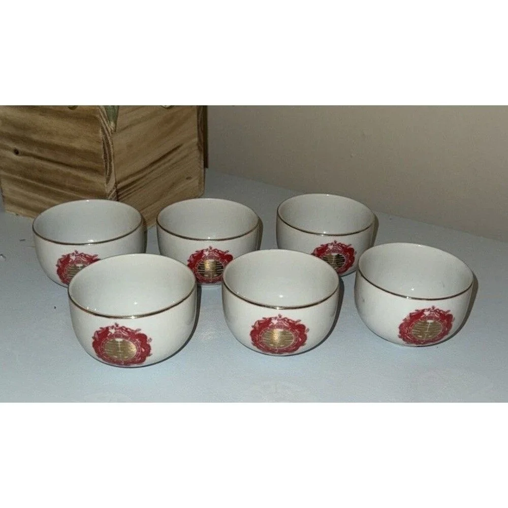 Vintage Chinese Double Happiness Tea Cups Set of 6 Red Gold Porcelain Asian Cups